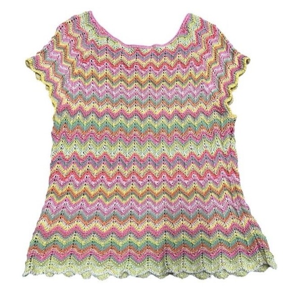 Vintage 90's Sigrid Olsen Pastel Crochet Chevron Short Sleeve Sweater Womens XL - Picture 2 of 7